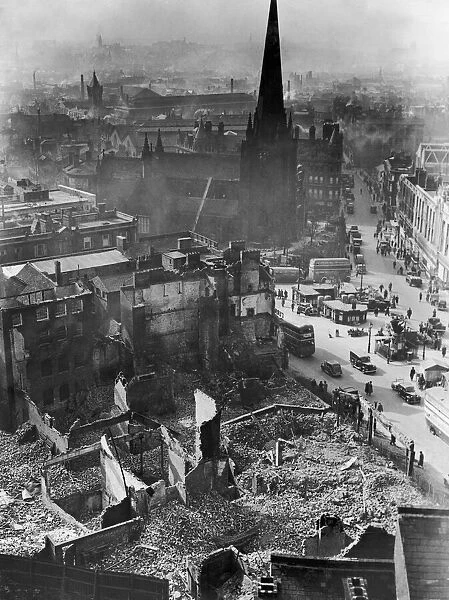 Aerial view showing bomb damage around St Martins Church in the Bull Ring