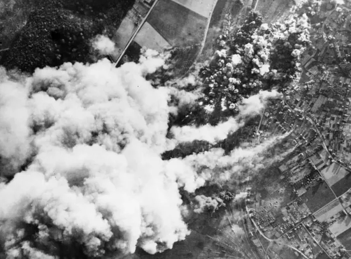 Framed Print : Aerial view showing damage caused to the Creil railway marshalling yards one o clock Framed Print : Aerial view showing damage caused to the Creil railway marshalling yards one o clock