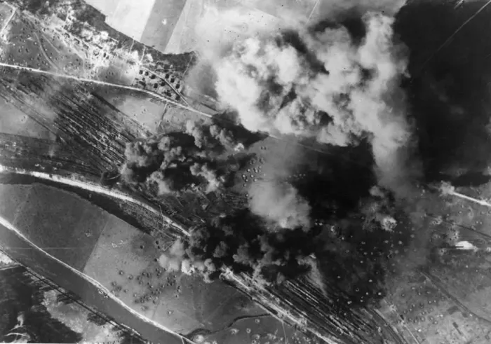 Framed Print : Aerial view showing damage caused to the Creil railway marshalling yards one o clock