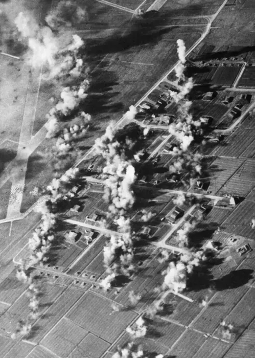 Framed Print : Aerial view showing damage caused to the the Luftwaffe fighter Framed Print : Aerial view showing damage caused to the the Luftwaffe fighter