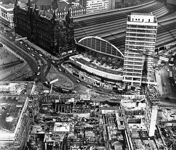 An aerial view showing the development works in progress at Lime Street station in