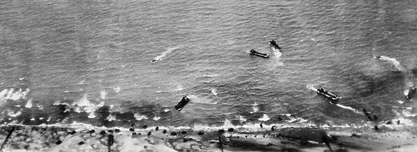 An aerial view of the storming of Beach Head in the great allied attack on the French