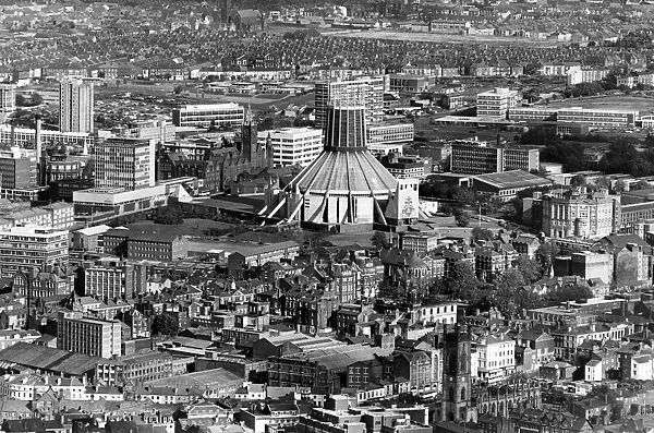 Aerial Views of Liverpool, Merseyside, 6th October 1987. Liverpool Metropolitan Cathedral