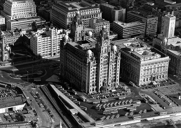 Aerial Views of Liverpool, Merseyside, 6th October 1987. Royal Liver Building