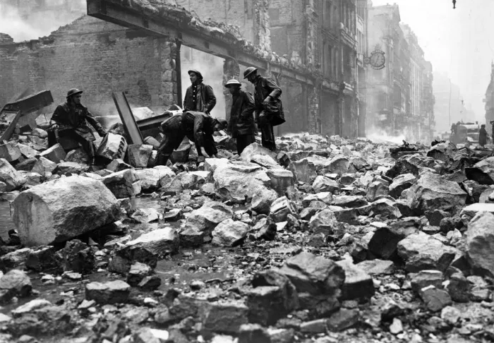 Framed Print : AFS men among the debris at Newgate Street, London. December 1940 Framed Print : AFS men among the debris at Newgate Street, London. December 1940