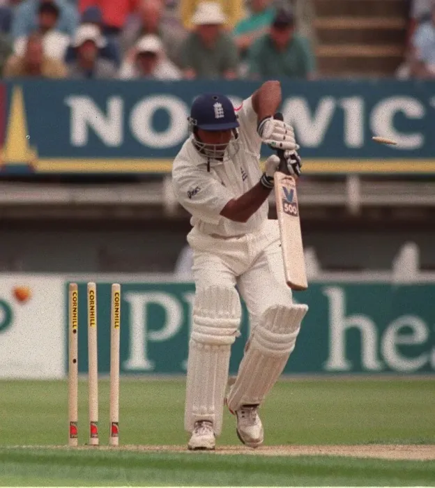 Framed Print : Aftab Habib Cricket Player Of England July 1999 Gets Out By The Bowling Of Framed Print : Aftab Habib Cricket Player Of England July 1999 Gets Out By The Bowling Of
