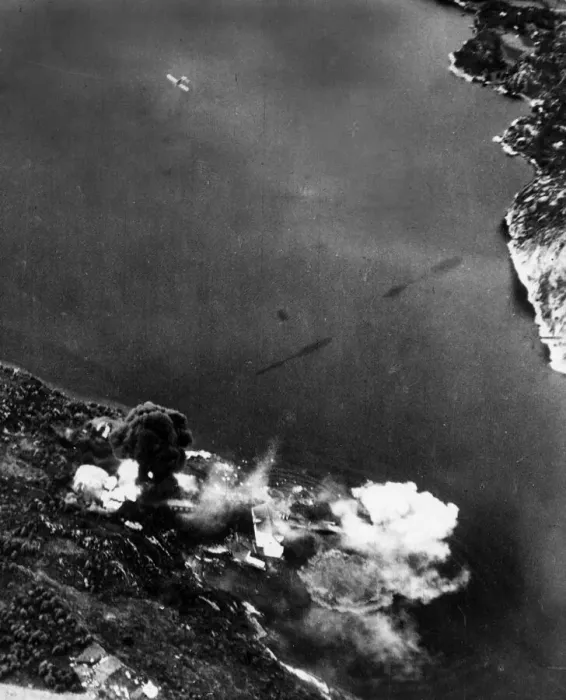 Framed Print : Air attack on Godvik oil supplies, near Bergen. August 1940 Framed Print : Air attack on Godvik oil supplies, near Bergen. August 1940