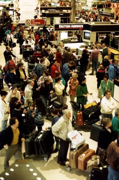 Framed Print : Air Passengers at Heathrow airport amid flight delays April 1996 Framed Print : Air Passengers at Heathrow airport amid flight delays April 1996