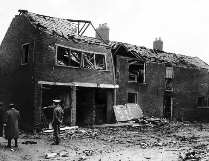 Framed Print : Air Raid Great Yarmouth as house is destroyed by German bomb during the World War I Framed Print : Air Raid Great Yarmouth as house is destroyed by German bomb during the World War I