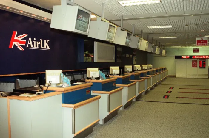 Framed Print : Air UK Check In desks at Teesside Airport 17th November 1997 Framed Print : Air UK Check In desks at Teesside Airport 17th November 1997
