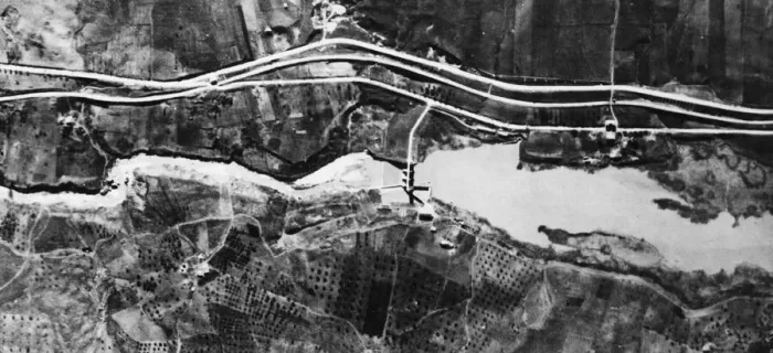 Framed Print : An air view of the Pescara dam before an air attack. 15th May 1944 Framed Print : An air view of the Pescara dam before an air attack. 15th May 1944