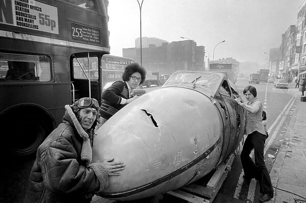 Aircraft arrives in Whitechapel High St for art show. February 1975 75-01071-004