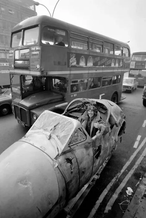 Framed Print : Aircraft arrives in Whitechapel High Street for art show. February 1975 75-01071 Framed Print : Aircraft arrives in Whitechapel High Street for art show. February 1975 75-01071