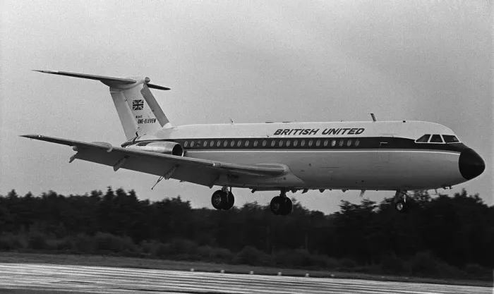 Framed Print : Aircraft BAC 1-11 in the colours of British United Aug 1963 at Hurn airport Framed Print : Aircraft BAC 1-11 in the colours of British United Aug 1963 at Hurn airport