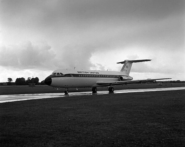Aircraft BAC 1-11 in the colours of British United at Hurn airport. Aug 1963