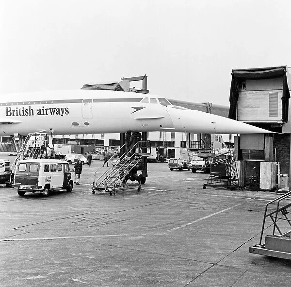 The aircraft Concorde on its stand at Heathrow airport after returning from the runway