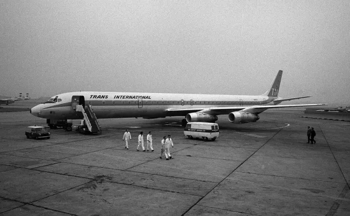 Framed Print : Aircraft Douglas DC8-61F of Trans International airways on the apron at Heathrow Airport