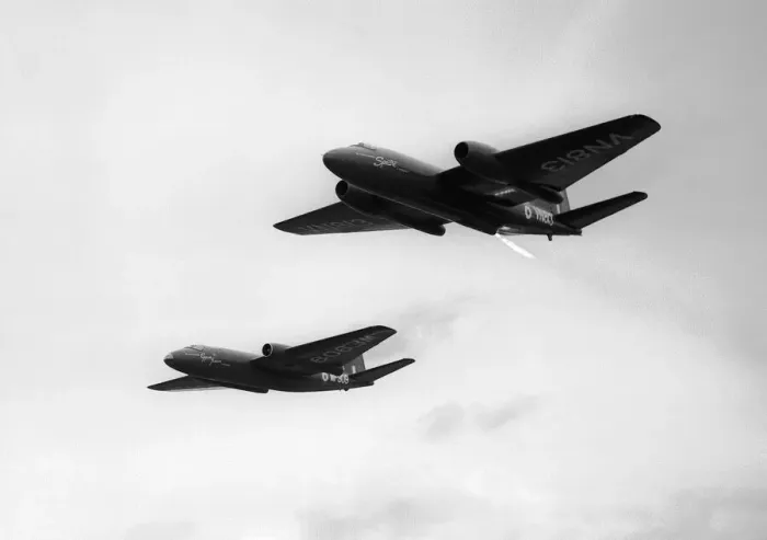 Framed Print : Aircraft English Electric Canberra Sept 1957 engine test beds flying at the SBAC Framed Print : Aircraft English Electric Canberra Sept 1957 engine test beds flying at the SBAC