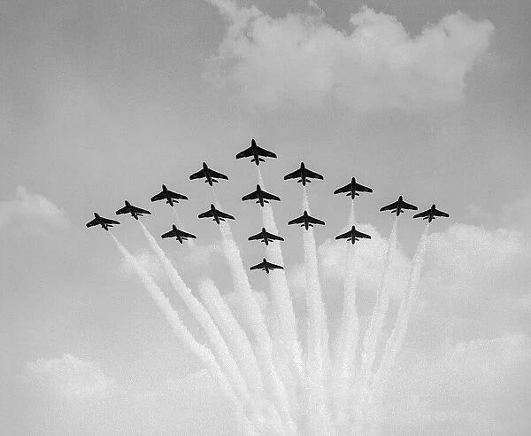 Aircraft Hawker Hunters of the RAFs 111 Sqd Black Diamonds display team in formation