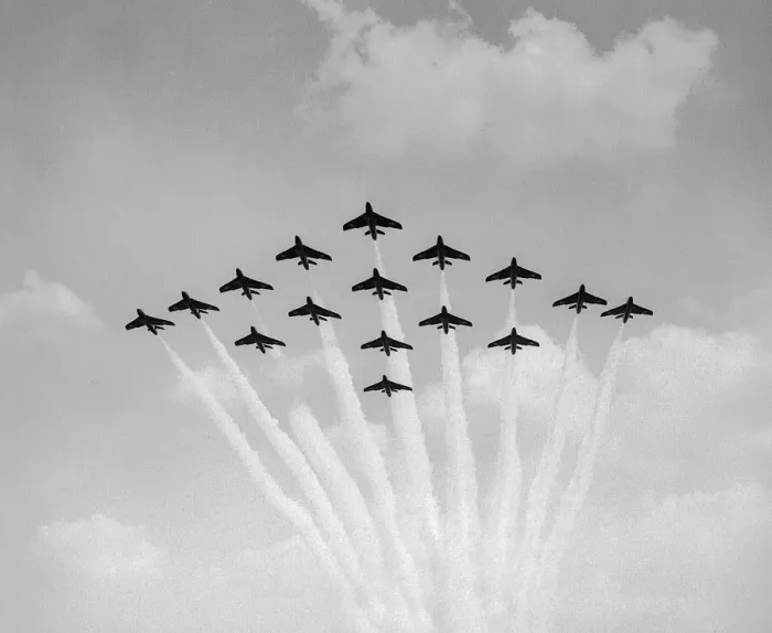 Framed Print : Aircraft Hawker Hunters of the RAFs 111 Sqd Black Diamonds display team in formation Framed Print : Aircraft Hawker Hunters of the RAFs 111 Sqd Black Diamonds display team in formation