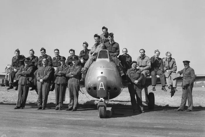 Framed Print : Aircraft Royal Air Force de Havilland Vampire May 1951 A Squadron of pilots Framed Print : Aircraft Royal Air Force de Havilland Vampire May 1951 A Squadron of pilots