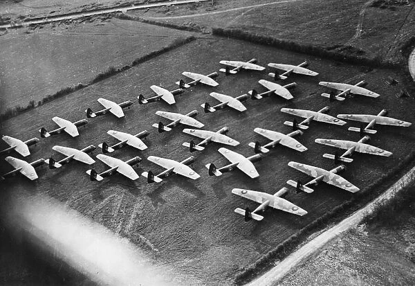 Airspeed Horsa gliders marshalled in preparation for moving off to their take off