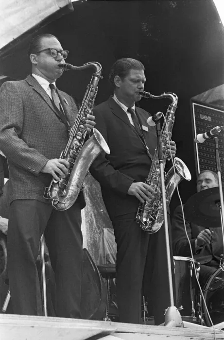 Framed Print : Al Cohn (left) and Zoot Sims performing on stage at the 1967 National Jazz