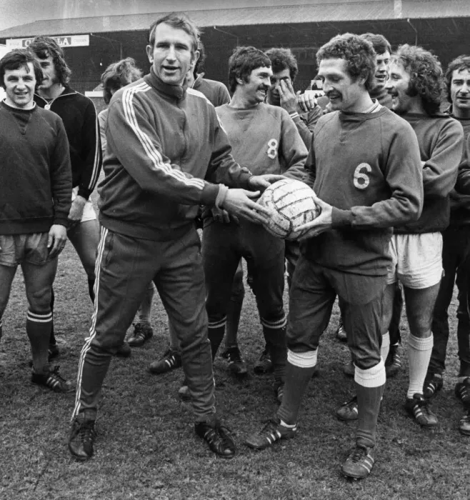 Framed Print : Alan Dicks Bristol City football manager with players after training session March 1976