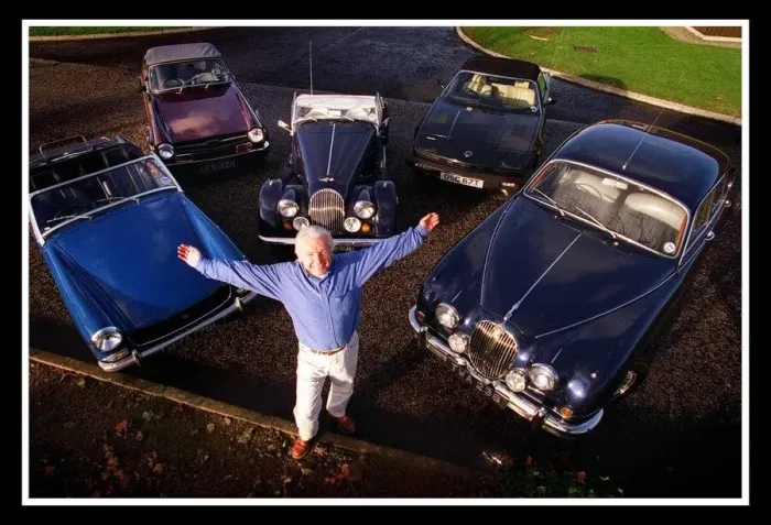 Framed Print : Alan Dickson Jaguar cars December 1999 with his five cars Morgan Roadster MG Midget