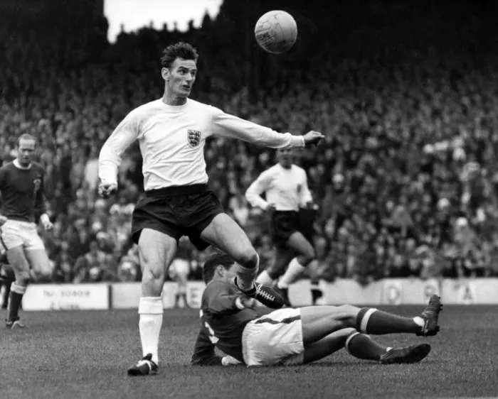 Framed Print : Alan Peacock, Englands centre forward, in action. Wales v England. 2nd October 1965