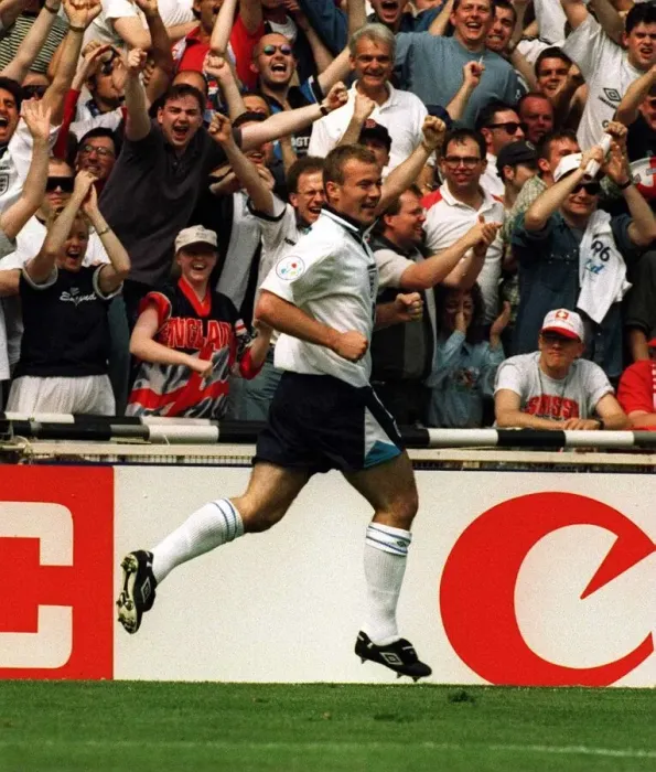 Framed Print : Alan Shearer Celebrates scoring against Switzerland in the opening match of the European