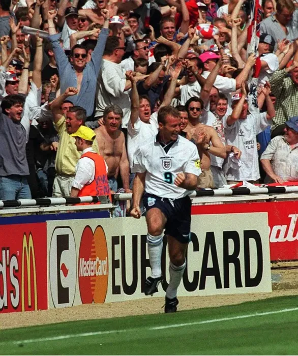 Framed Print : Alan Shearer of England celebrates after scoring against Scotland during the European