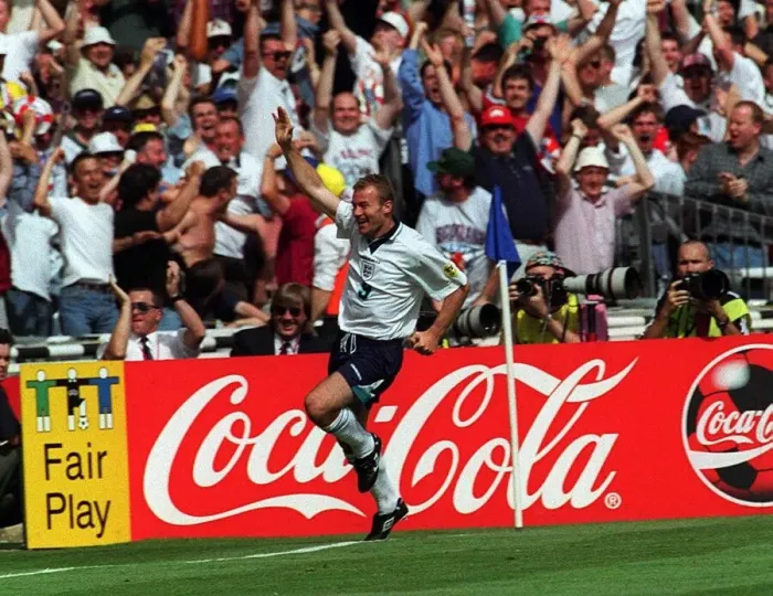 Framed Print : Alan Shearer of England celebrates after scoring against Scotland during the European Framed Print : Alan Shearer of England celebrates after scoring against Scotland during the European