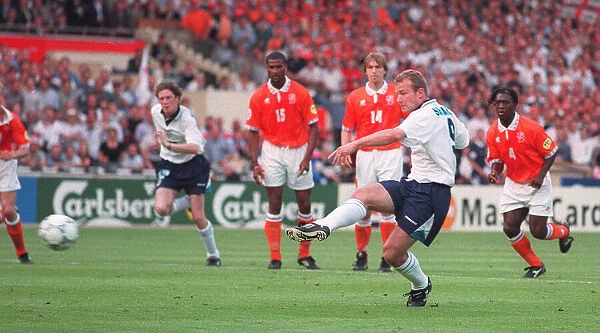 Alan Shearer scores Englands first goal during the England v Holland Euro 96 match