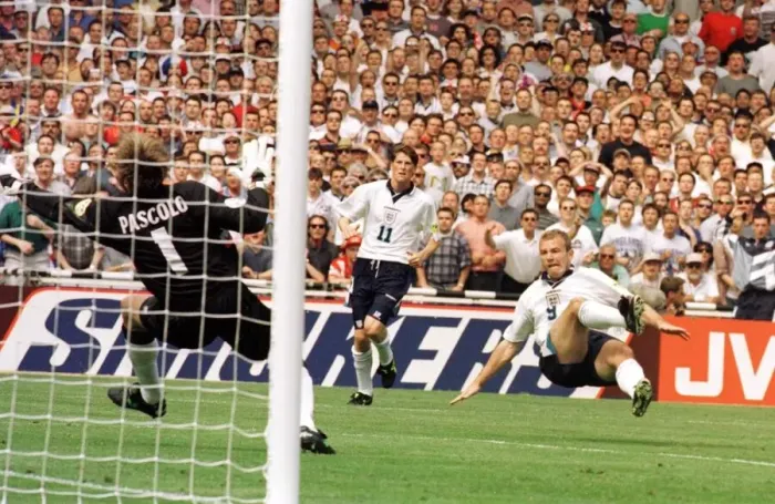 Framed Print : Alan Shearer scores the first goal in the Englands first European Football Championships Framed Print : Alan Shearer scores the first goal in the Englands first European Football Championships