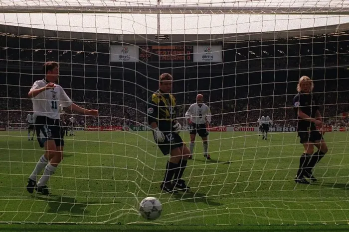 Framed Print : Alan Shearer scores the opening goal during the England v Scotland game of the European Framed Print : Alan Shearer scores the opening goal during the England v Scotland game of the European