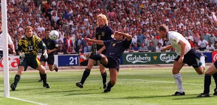 Framed Print : Alan Shearer scores the opening goal during the England v Scotland game of the European