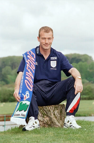Alan Shearer wearing an England scarf. 29th April 1997