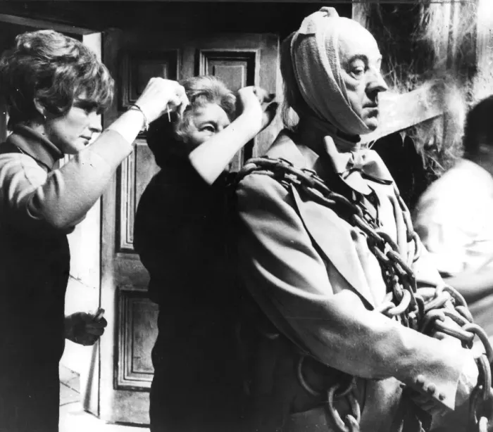 Framed Print : Alec Guinness preparing to film ghost scene in film musical Scrooge - February 1970