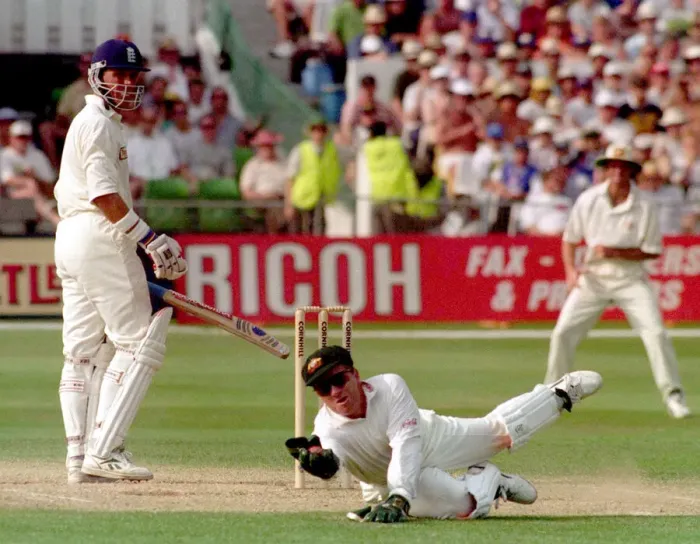 Framed Print : Alec Stewart is caught out by Ian Healy off Warne 1997 during fifth test against