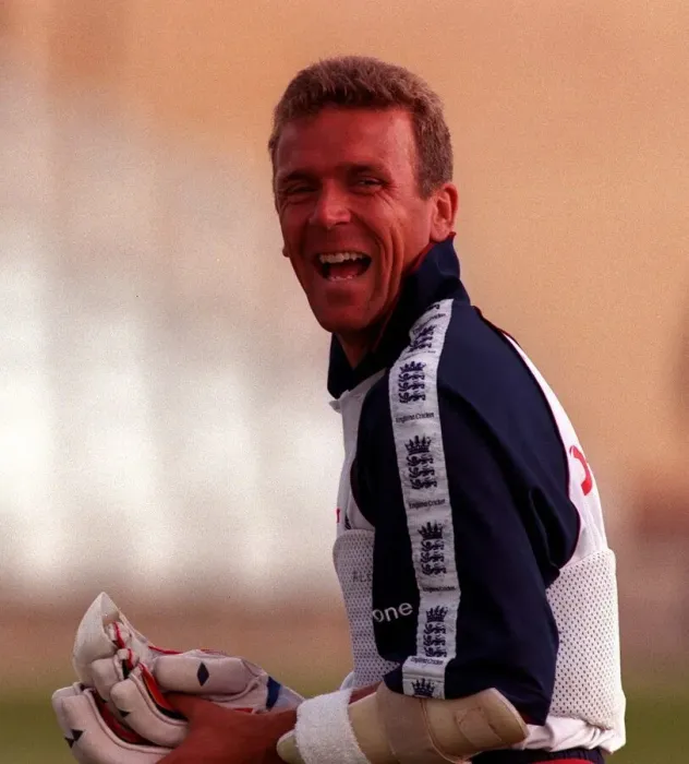 Framed Print : Alec Stewart England cricket captain has a laugh July 1998 during net practice for Framed Print : Alec Stewart England cricket captain has a laugh July 1998 during net practice for
