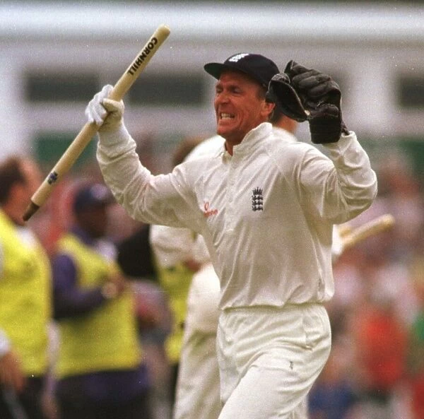 Alec Stewart holding stump at Headingley August 1998 after England had beaten
