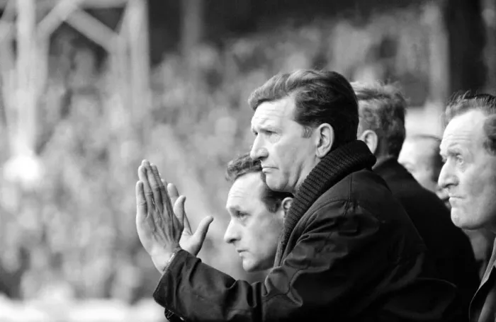 Framed Print : Alec Stock Manager of QPR - March 1968 watching the game betwwen QPR v Blackpool