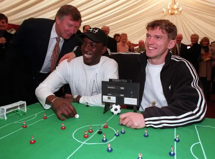 Framed Print : Alex Ferguson Manchester United manager with his strikers Dwight Yorke Framed Print : Alex Ferguson Manchester United manager with his strikers Dwight Yorke