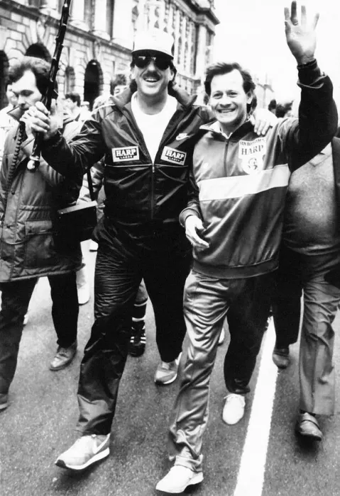 Framed Print : Alex Higgins with Ian Botham as his walk gets under way 1st April 1987 through Framed Print : Alex Higgins with Ian Botham as his walk gets under way 1st April 1987 through