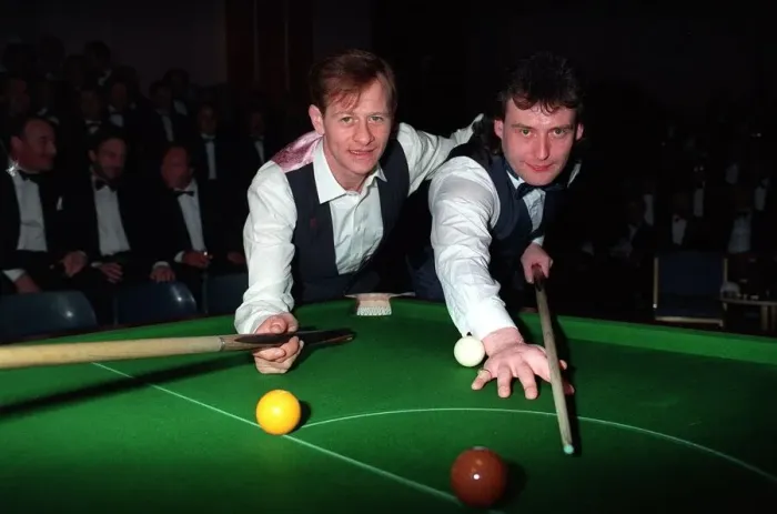 Framed Print : Alex Higgins snooker player (left) March 1990 with fellow professional Jimmy White