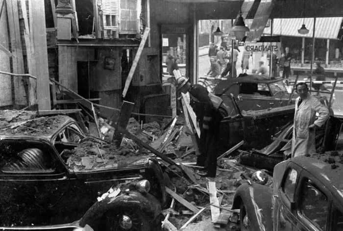 Framed Print : Alfieri. Air Raid damage, Kingston, London. Ruined cars in showroom Framed Print : Alfieri. Air Raid damage, Kingston, London. Ruined cars in showroom