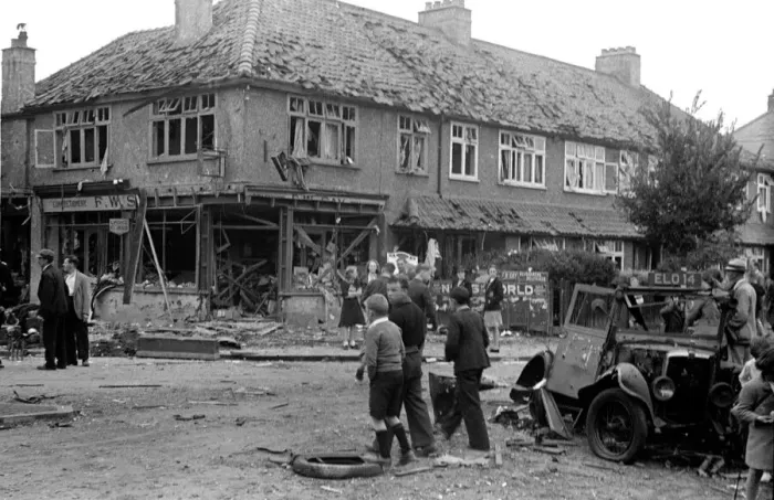 Framed Print : Alfieri. Air Raid damage, Malden. General scenes of ruined shops Framed Print : Alfieri. Air Raid damage, Malden. General scenes of ruined shops