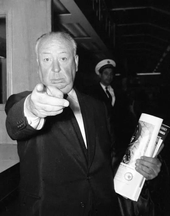 Framed Print : Alfred Hitchcock - film director - June1960 Pointing Finger at Photographer