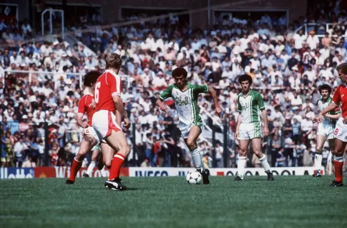 Framed Print : Algeria v Austria World Cup 1982 football Salah Assad takes on Bruno Pezzey Framed Print : Algeria v Austria World Cup 1982 football Salah Assad takes on Bruno Pezzey